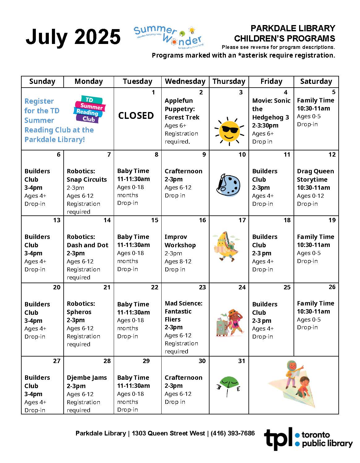 children's calendar parkdale library